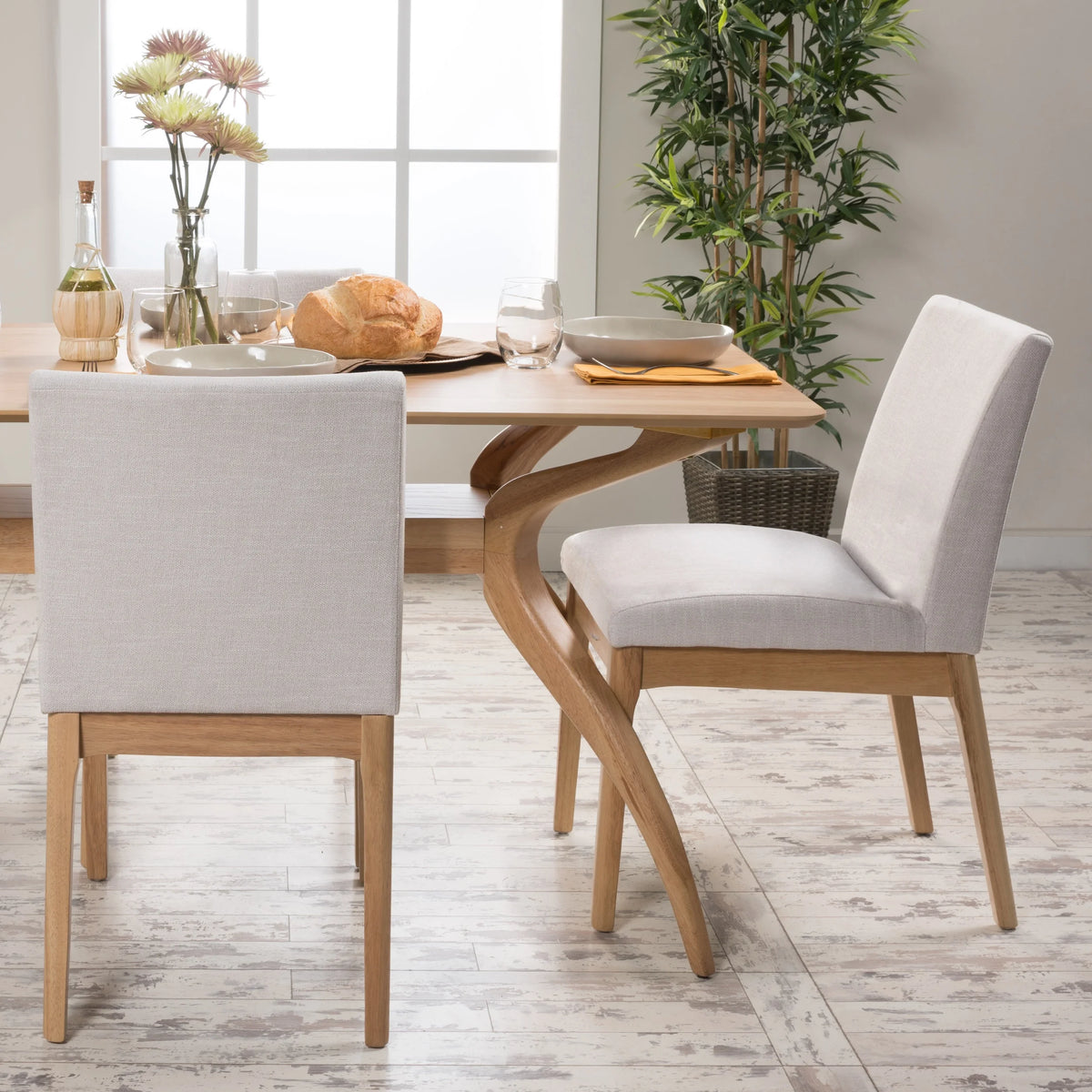 Light Beige Fabric Oak Upholstered Dining Chairs, Set of 2 Q57810