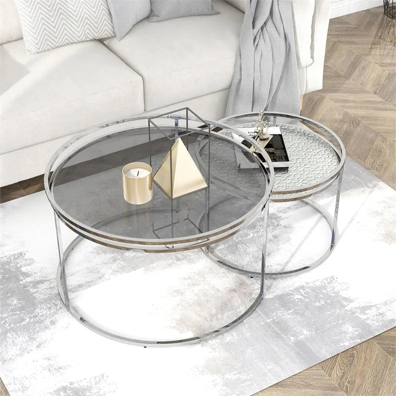 Metal Glass Top 2-Piece Nesting Tables Set in Gray X80348