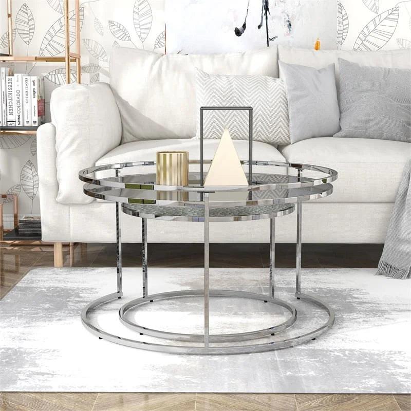 Metal Glass Top 2-Piece Nesting Tables Set in Gray X80348