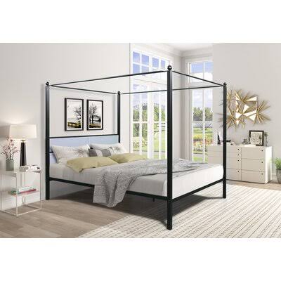 Queen Canopy Metal Upholstered Four-Poster Bed Frame Black F140