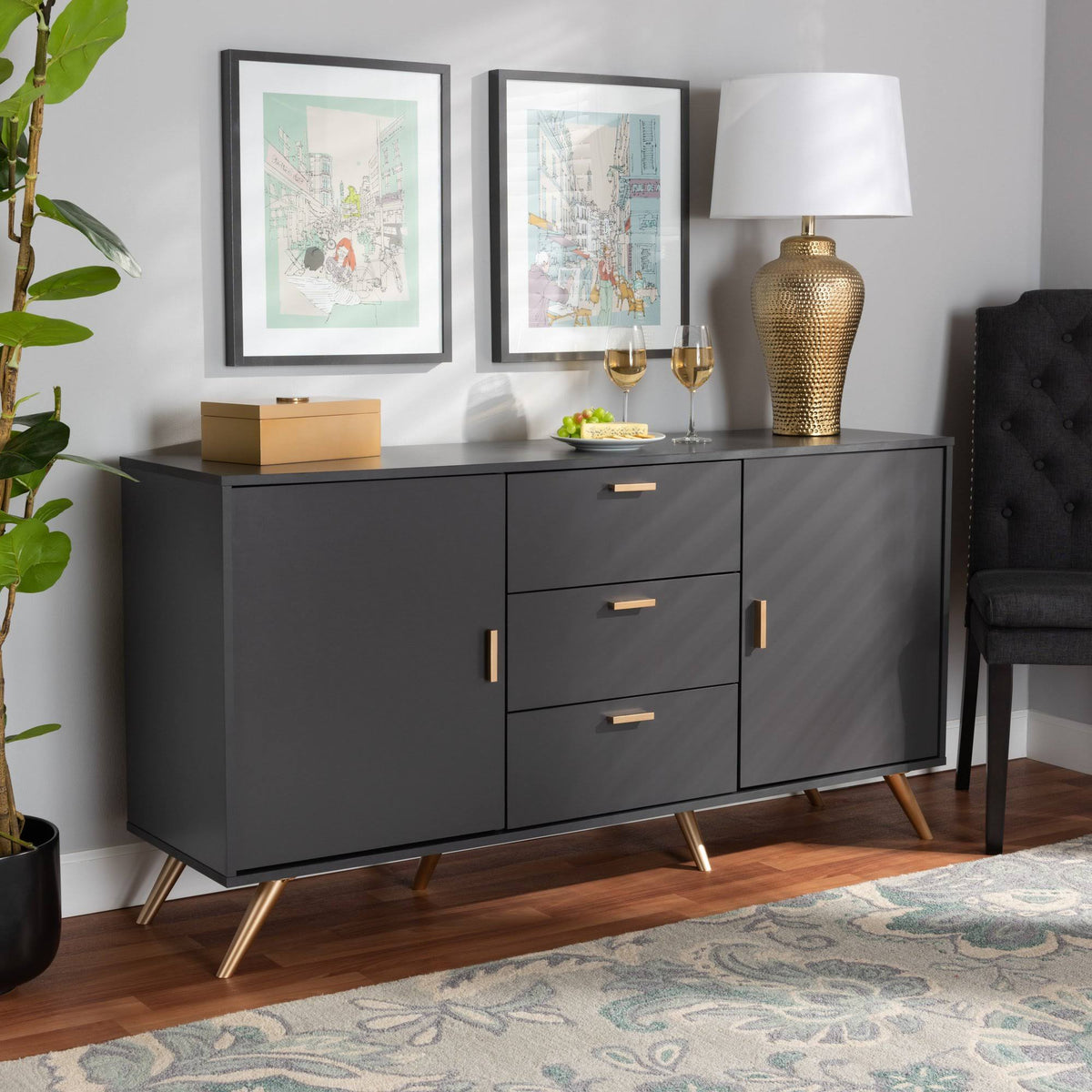 Dark Grey and Gold Finished Wood 2-Door Sideboard Buffet H825